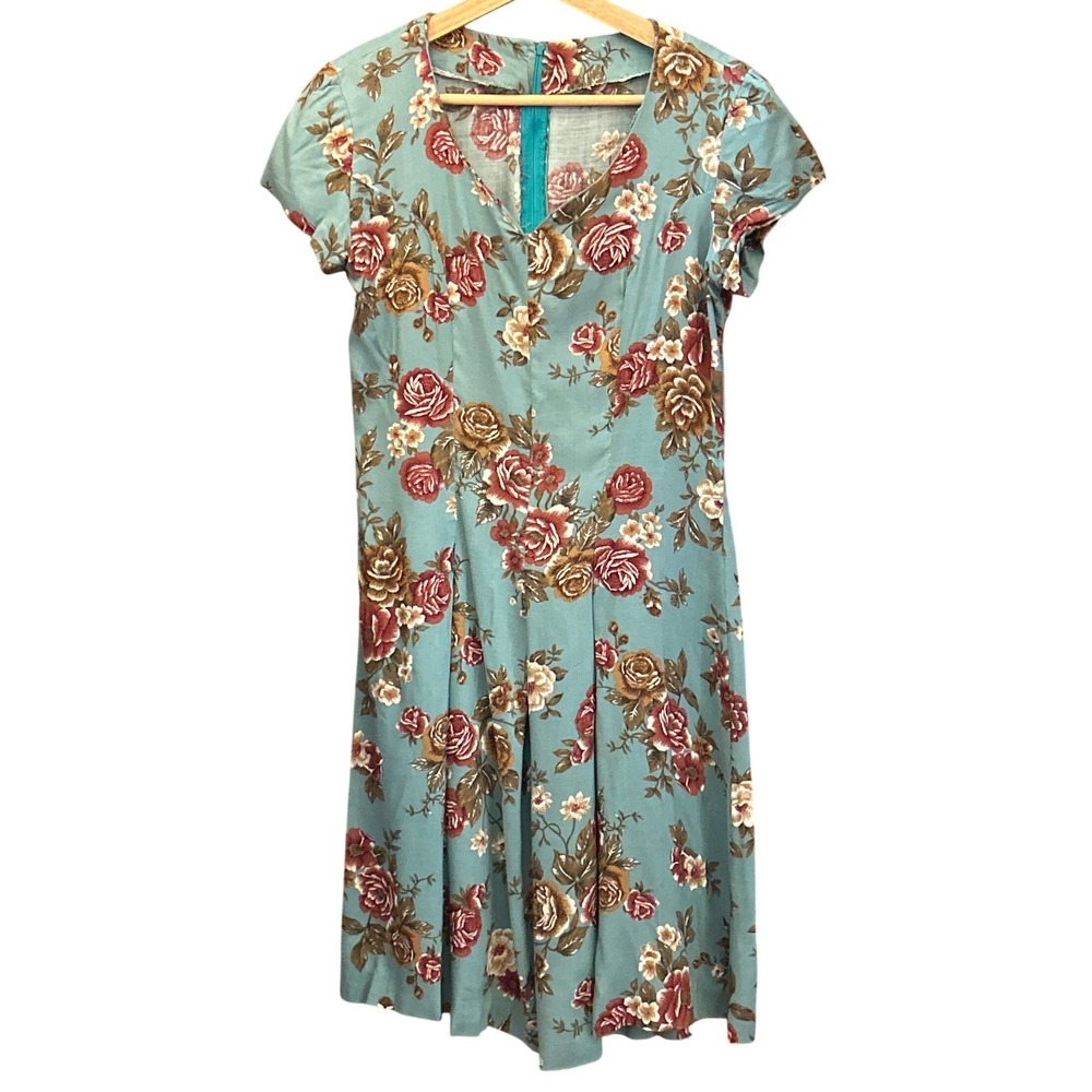 Vintage 70'sFloral Midi Dress Cottagecore Grannycore Romantic Rose Print Teal